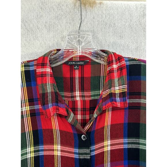 John Mark Size Small Top Shirt Plaid Button Down Frayed Hem Roll Tab Sleeve - Picture 9 of 13